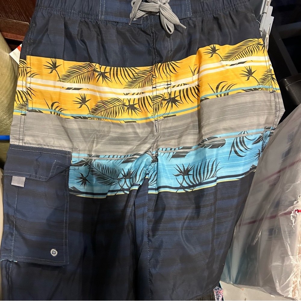 tru cal blue yellow palm leaves swimming trunks